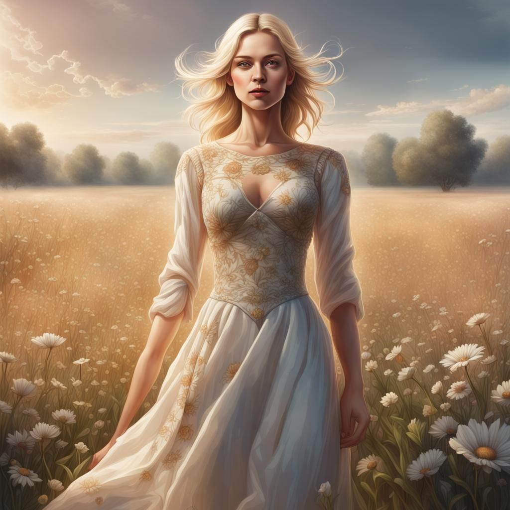 Blonde Woman in Flower Field: Hyperrealistic Portrait