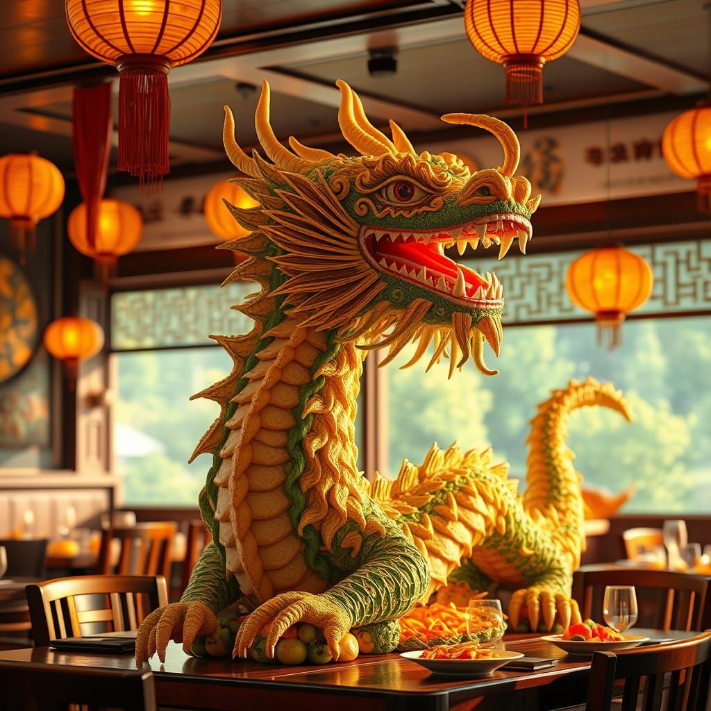 Vegetable Pasta Dragon Sculpture: Concept Art