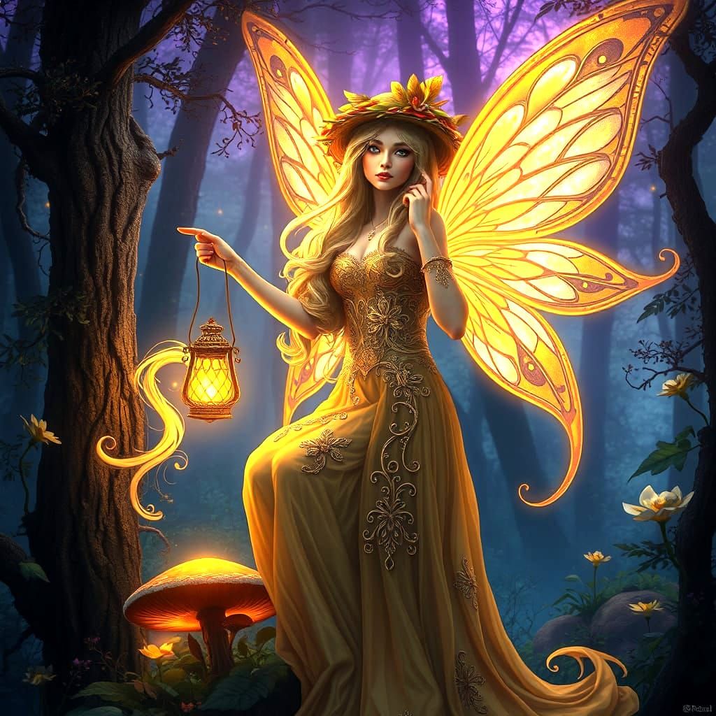 A captivating illustration of a Fairy magically transformed into a golden and Opal-winged fairy, gracefully perched atop...