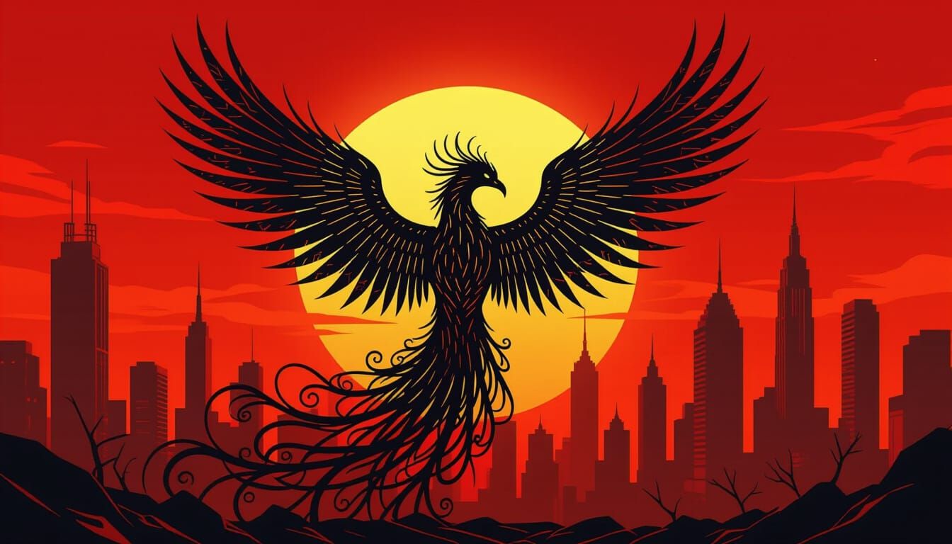 Metal Phoenix Silhouette over Cyberpunk City in Art Deco Sty...