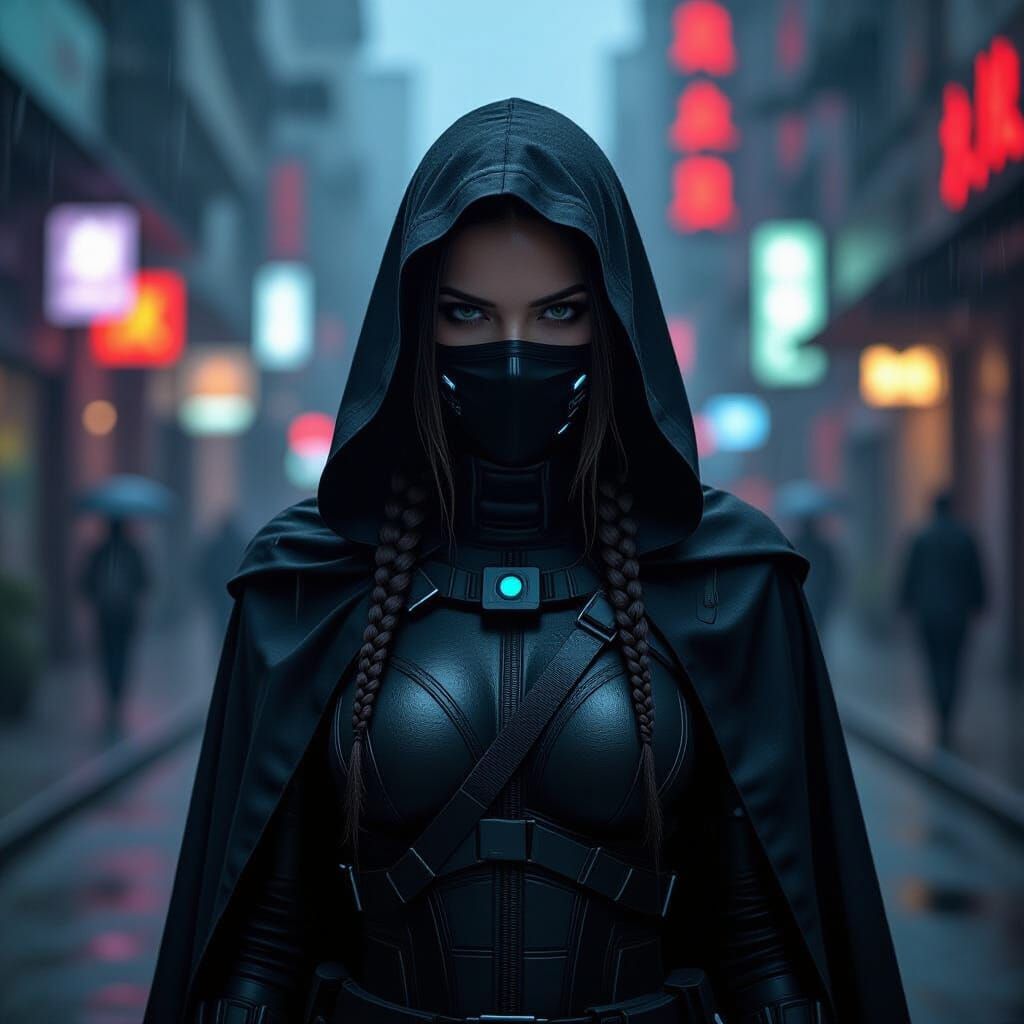 Cyberpunk Assassin in Rain-Slicked City Streets