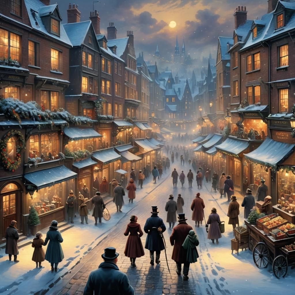 Christmas Market in Dickens Style, Evening Snow Scene