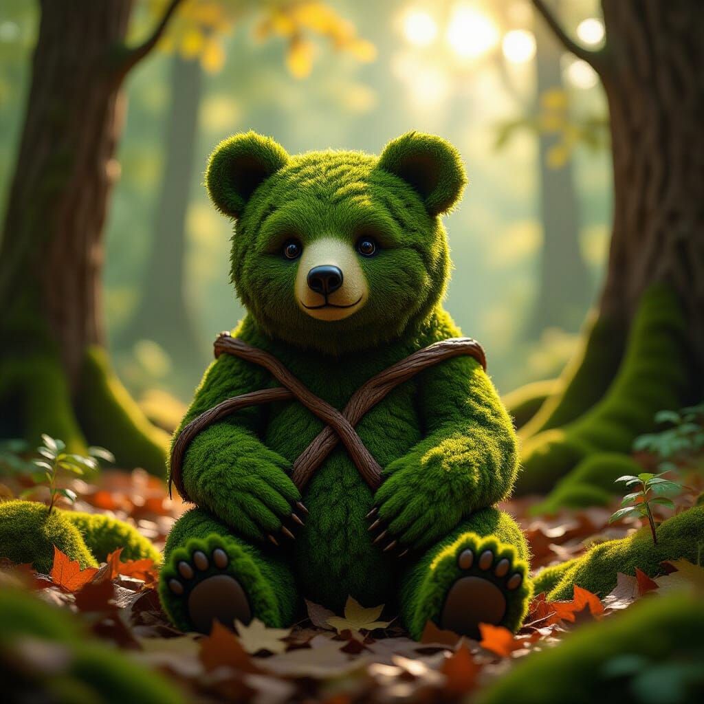 Moss and Branch Bear Sculpture in Sun-Dappled Forest