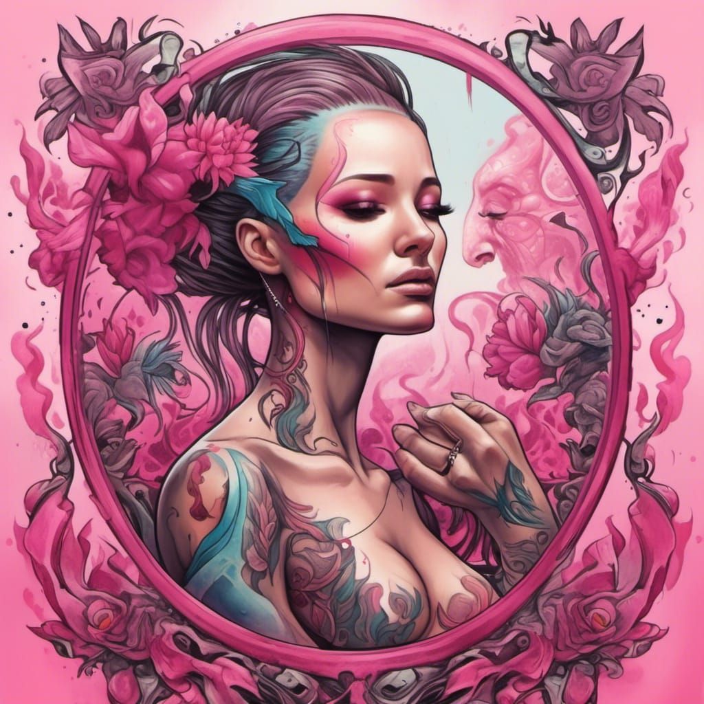 Woman with Cancer Awareness Tattoo Reflection