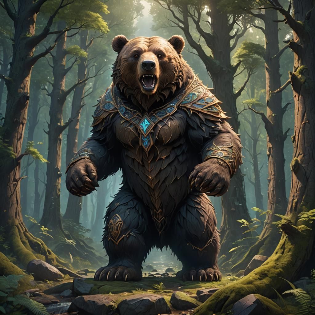 Mystical Rune Bear Roaring in Forest
