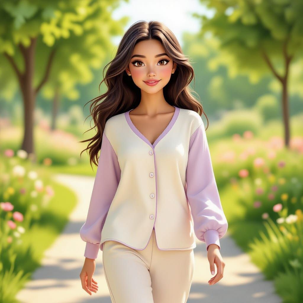 Elegant Woman in Pajamas Walking in Sunny Park