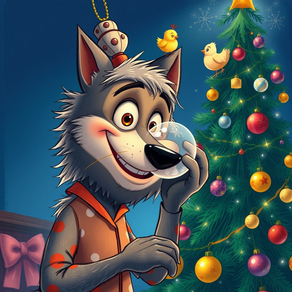 Wolf Decorates Christmas Tree in Disney Pixar Style
