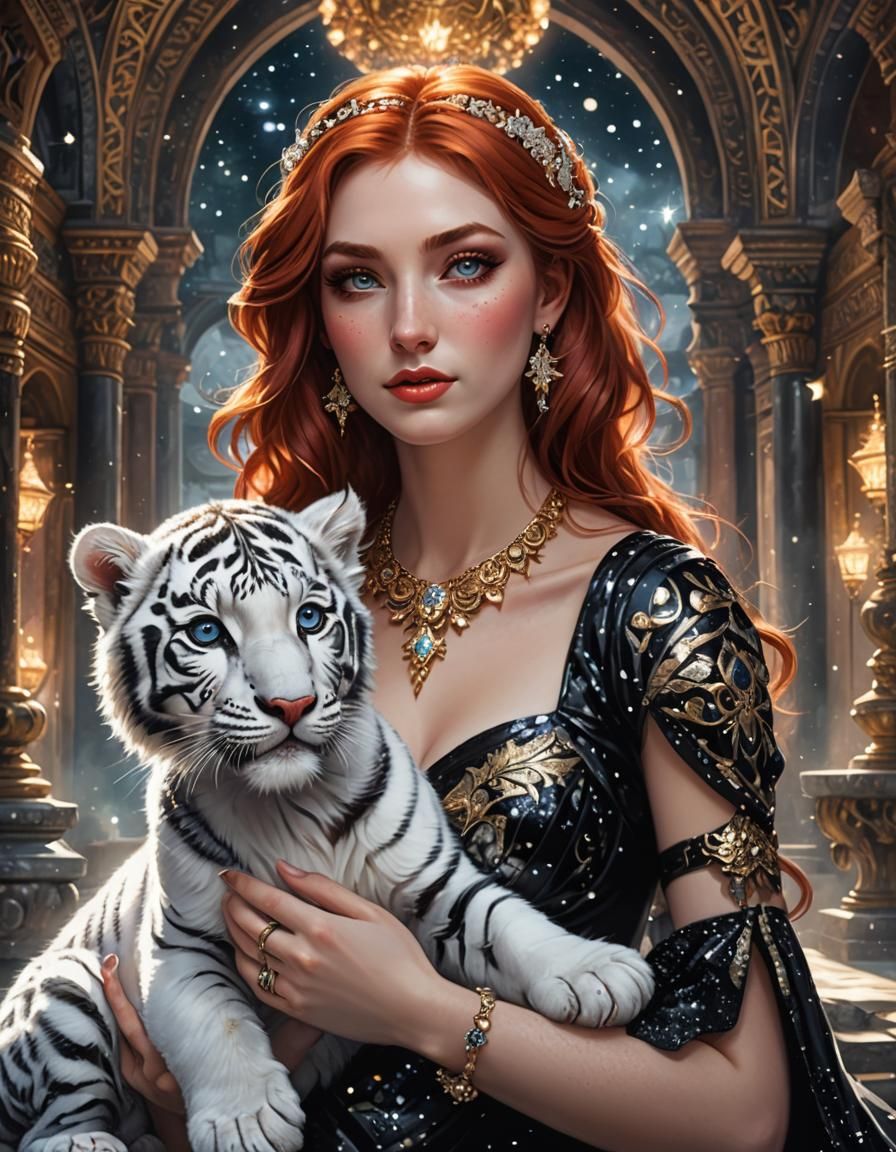 Red-Haired Woman with Tiger Cub in Palace