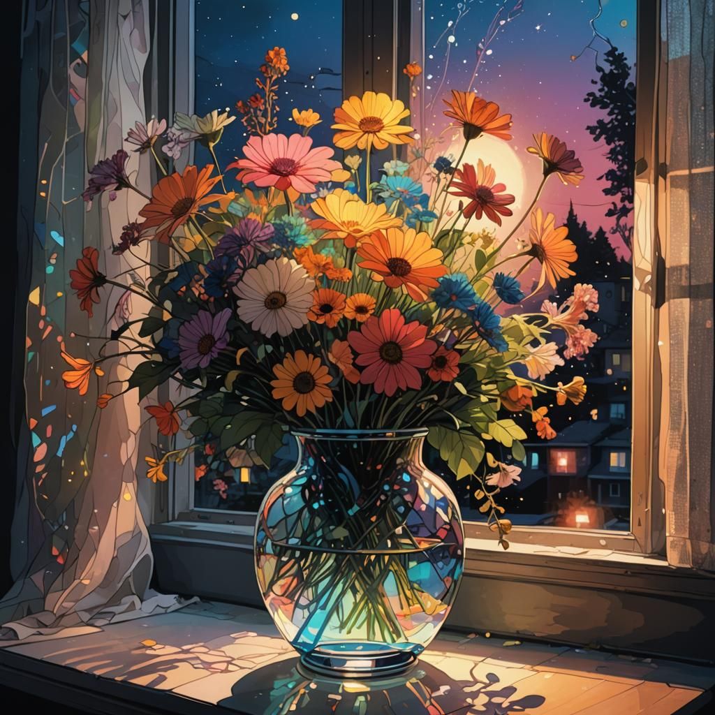 Luminous Flower Bouquet at Twilight, Surreal Collage Art
