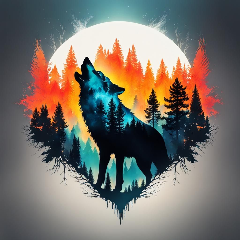 Fiery Wolf: Double Exposure Forest Fire Art