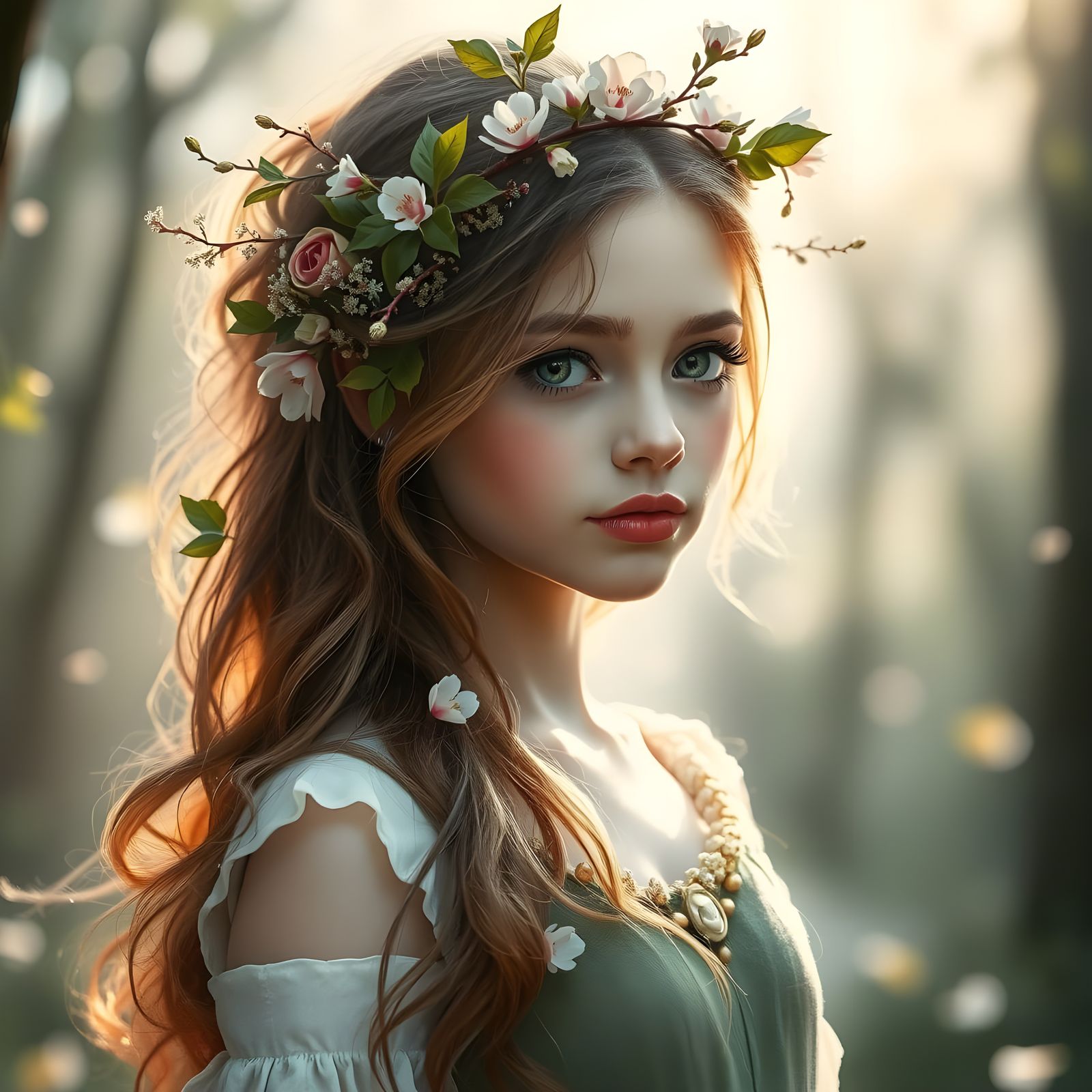 Ethereal Woodland Princess Portrait in Watercolor Style