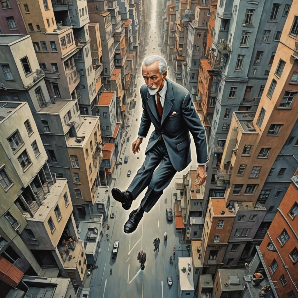 Surreal Old Man Floats in Dreamlike Street Scene