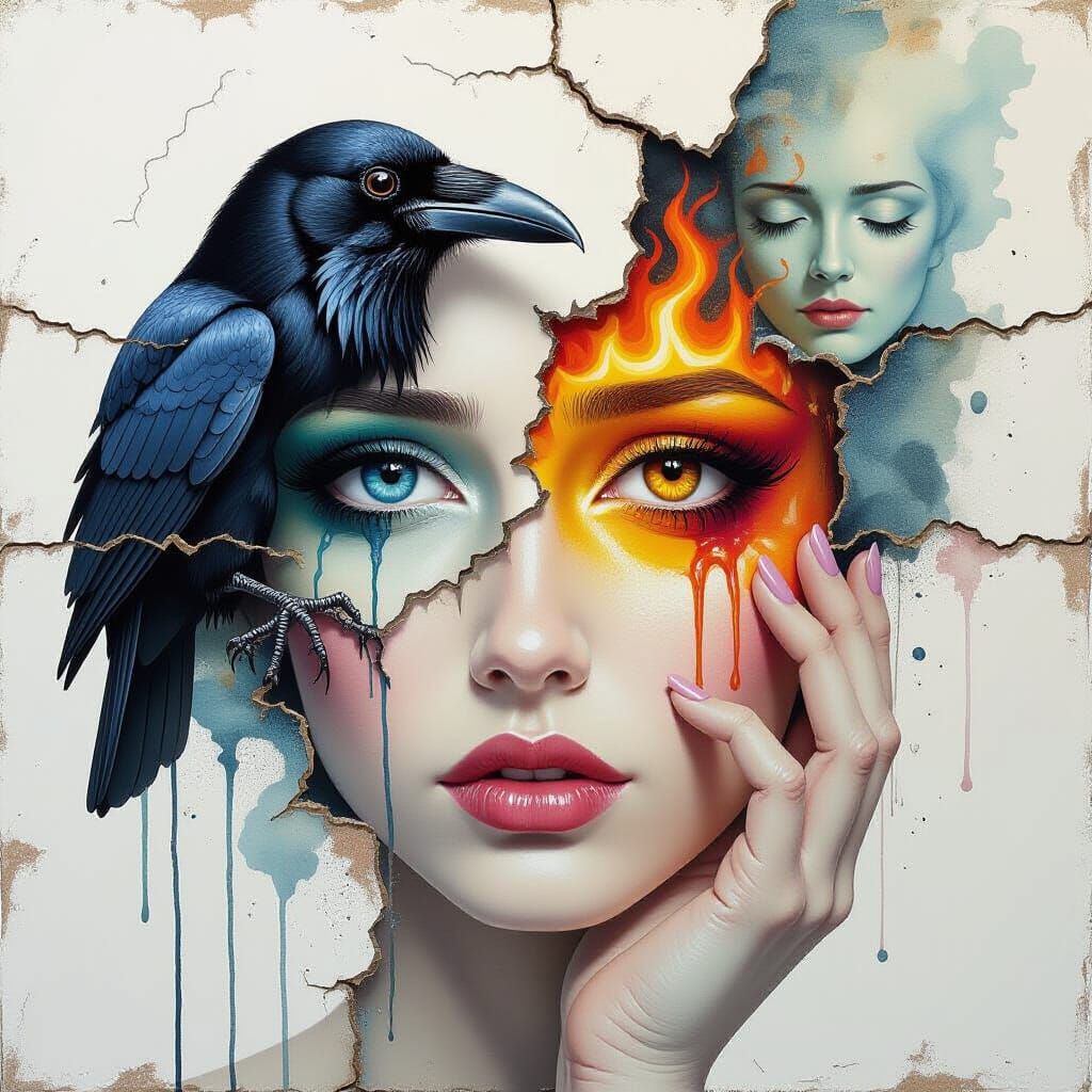Surreal Raven: Mixed Media Emotional Chaos