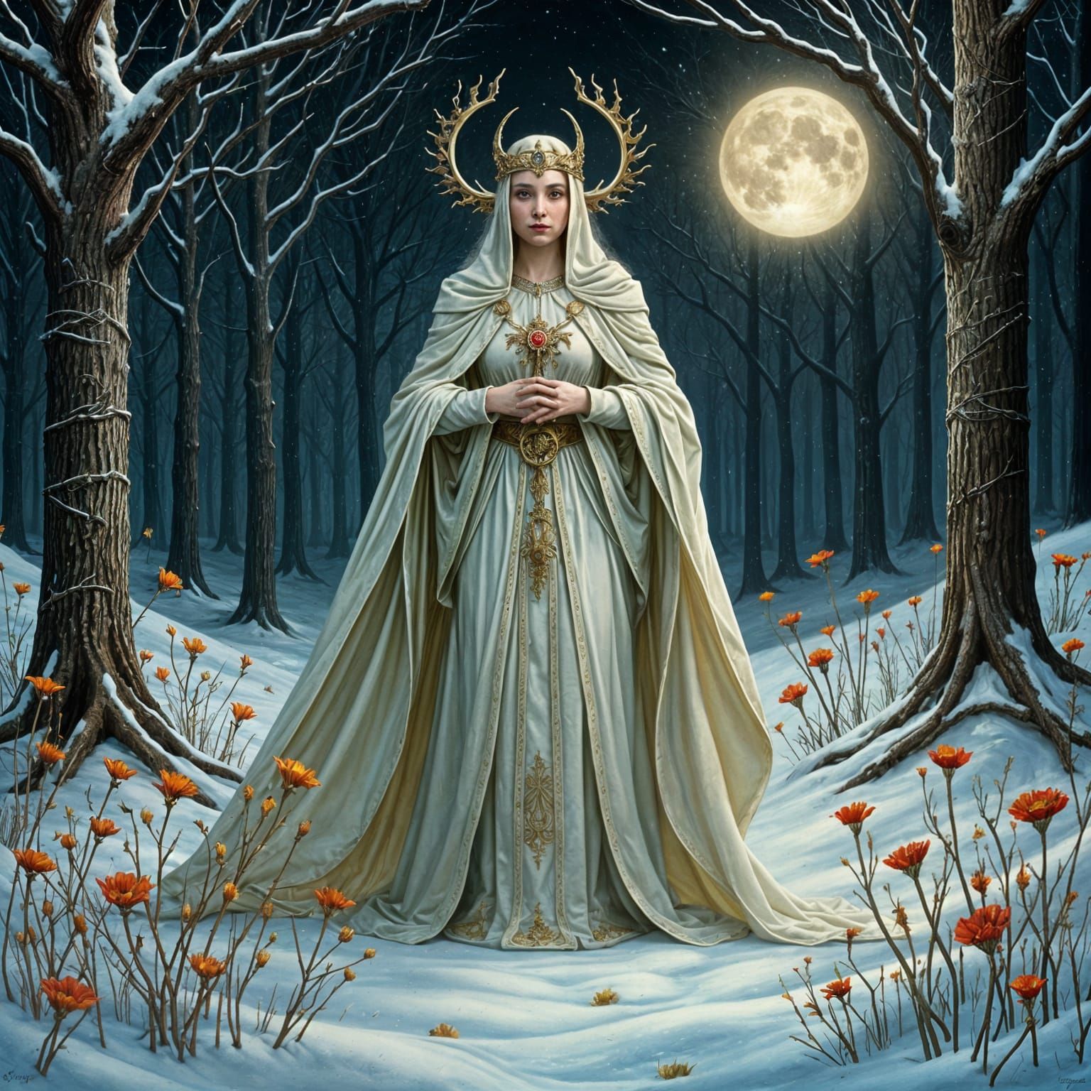 <lora:Elven Queen:1.0> <lora:Goddess Energy V1:1.0> Scritta YULE, bellissima Dea dell'inverno", immagine iperrealistica,...
