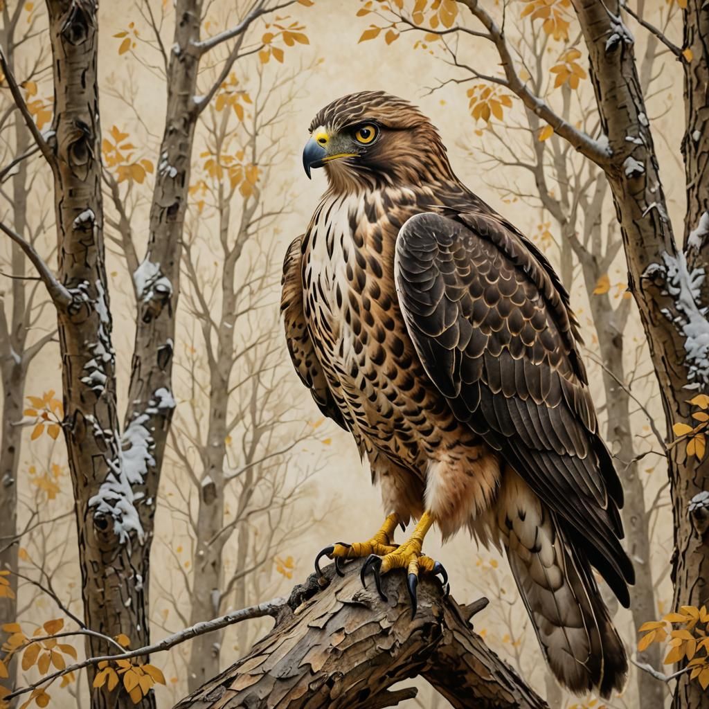 Detailed Hawk with Speckled Feathers and Yellow Eyes
