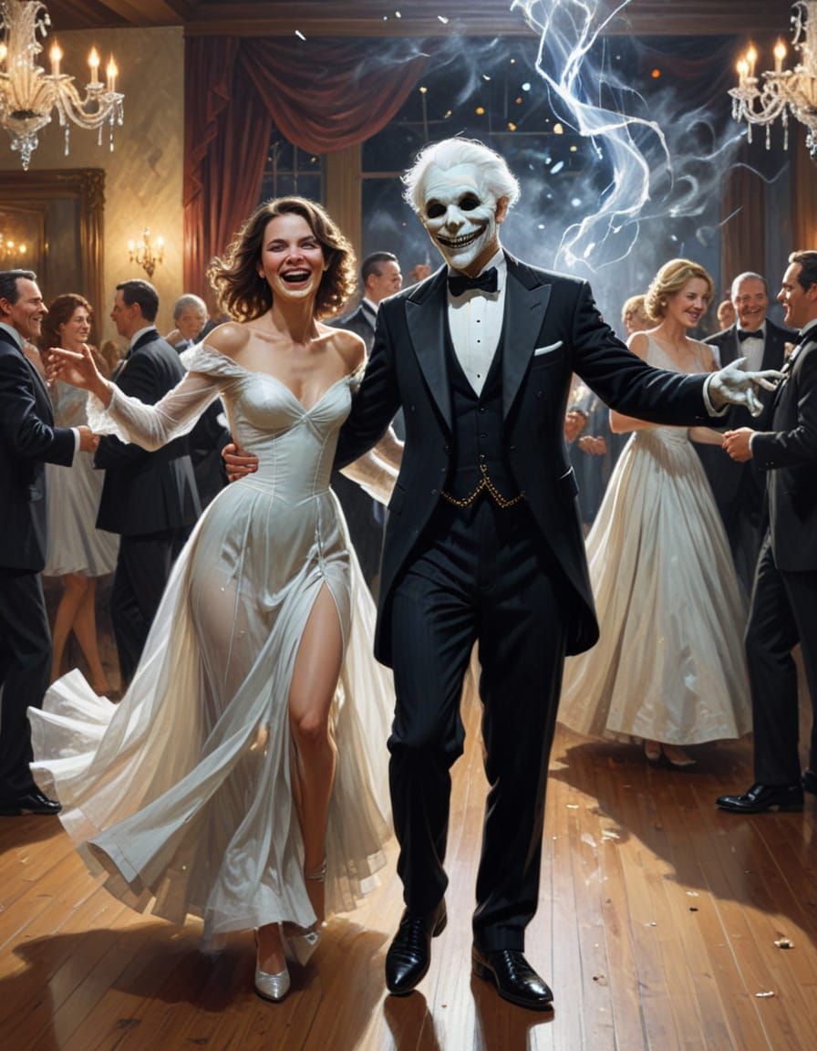 Smiling Woman Dances With Ghostly Man at Sinister NYE Party