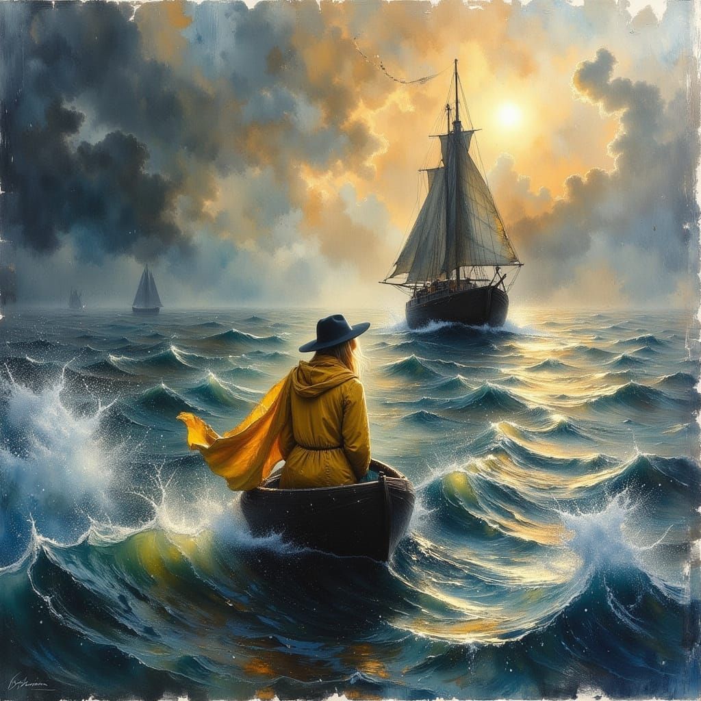 Woman Sails Stormy Sea in Oil Painting Style