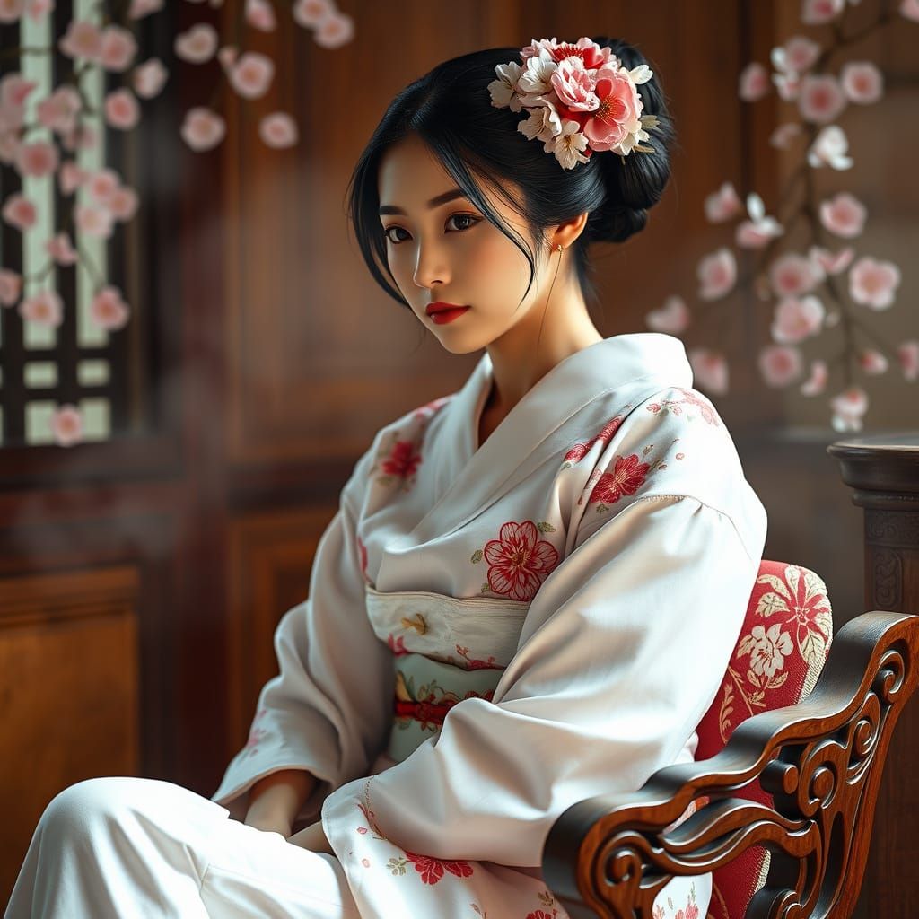 Japanese Geisha in Modern Attire with Floral Embroidery