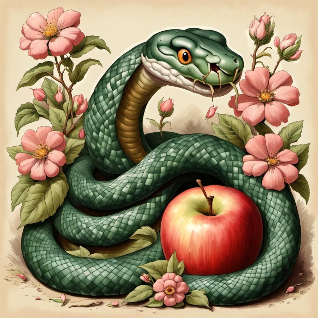 Cartoon Snake with Apple and Flowers