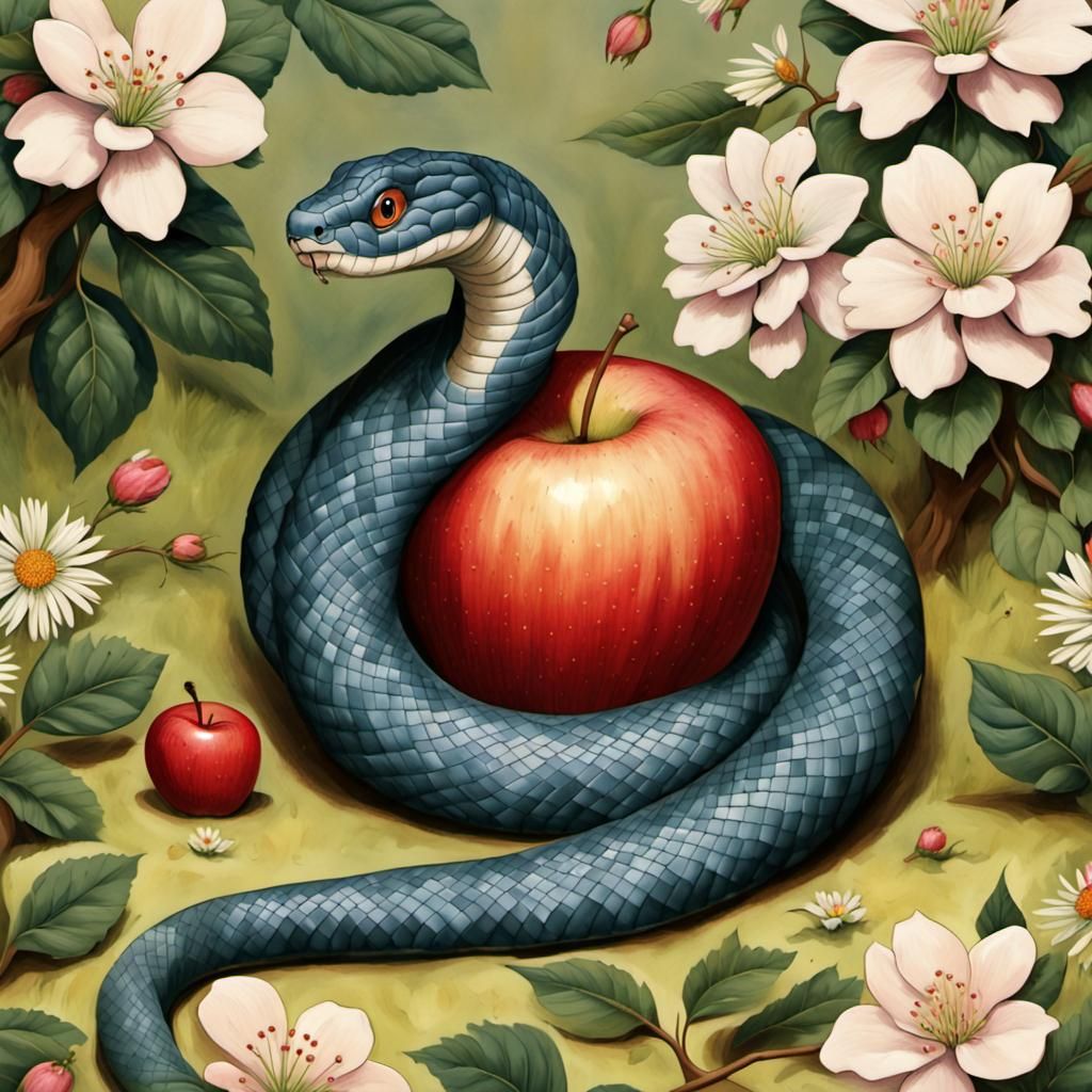 Cartoon Snake with Apple and Flowers