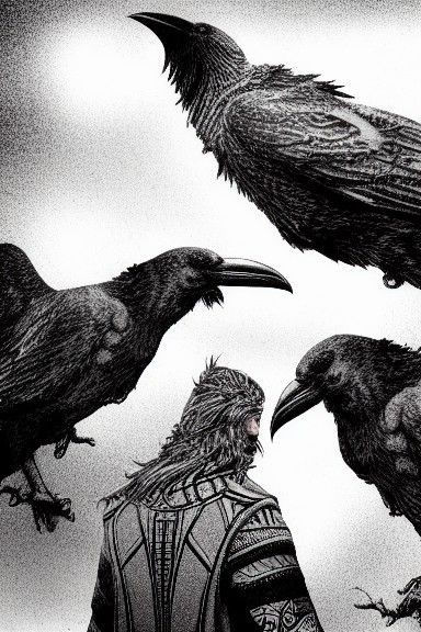 Odin's Ravens in Dramatic Greyscale Line Art