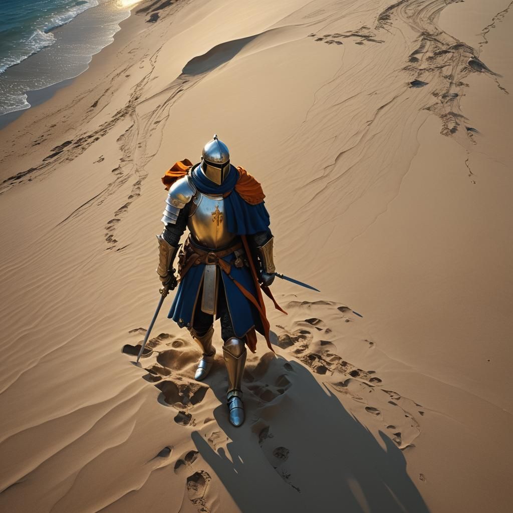 Medieval Knight on Sand: Vibrant Oil Painting