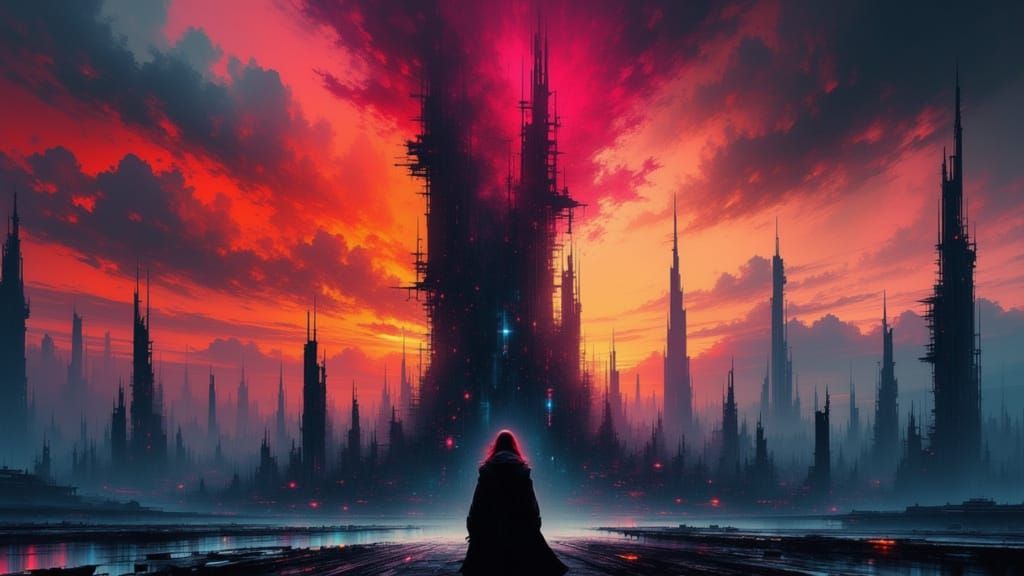 Dystopian Cityscape Portrait at Dusk