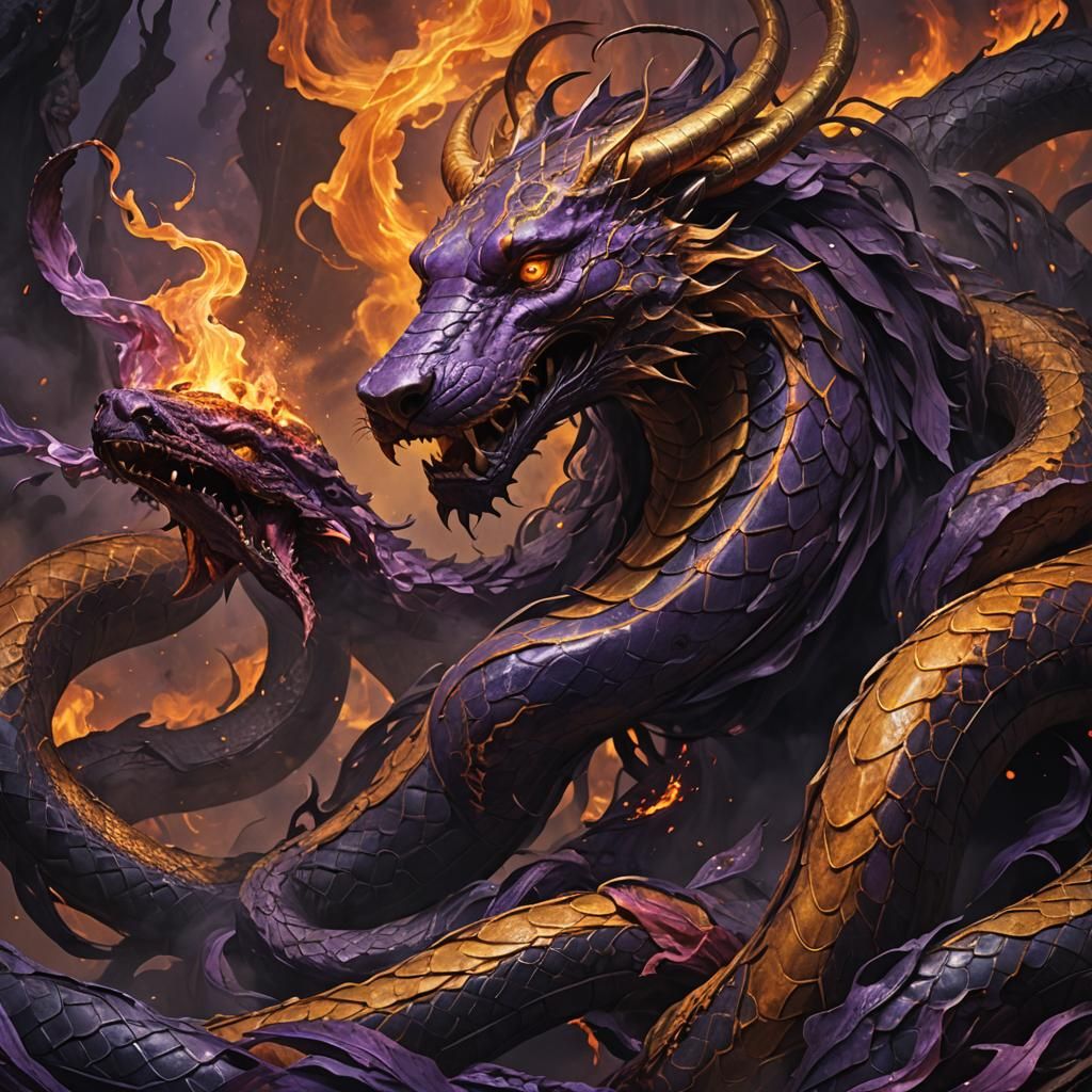 Fiery Abyss: Serpent and Hellhounds in Dark Fantasy Style