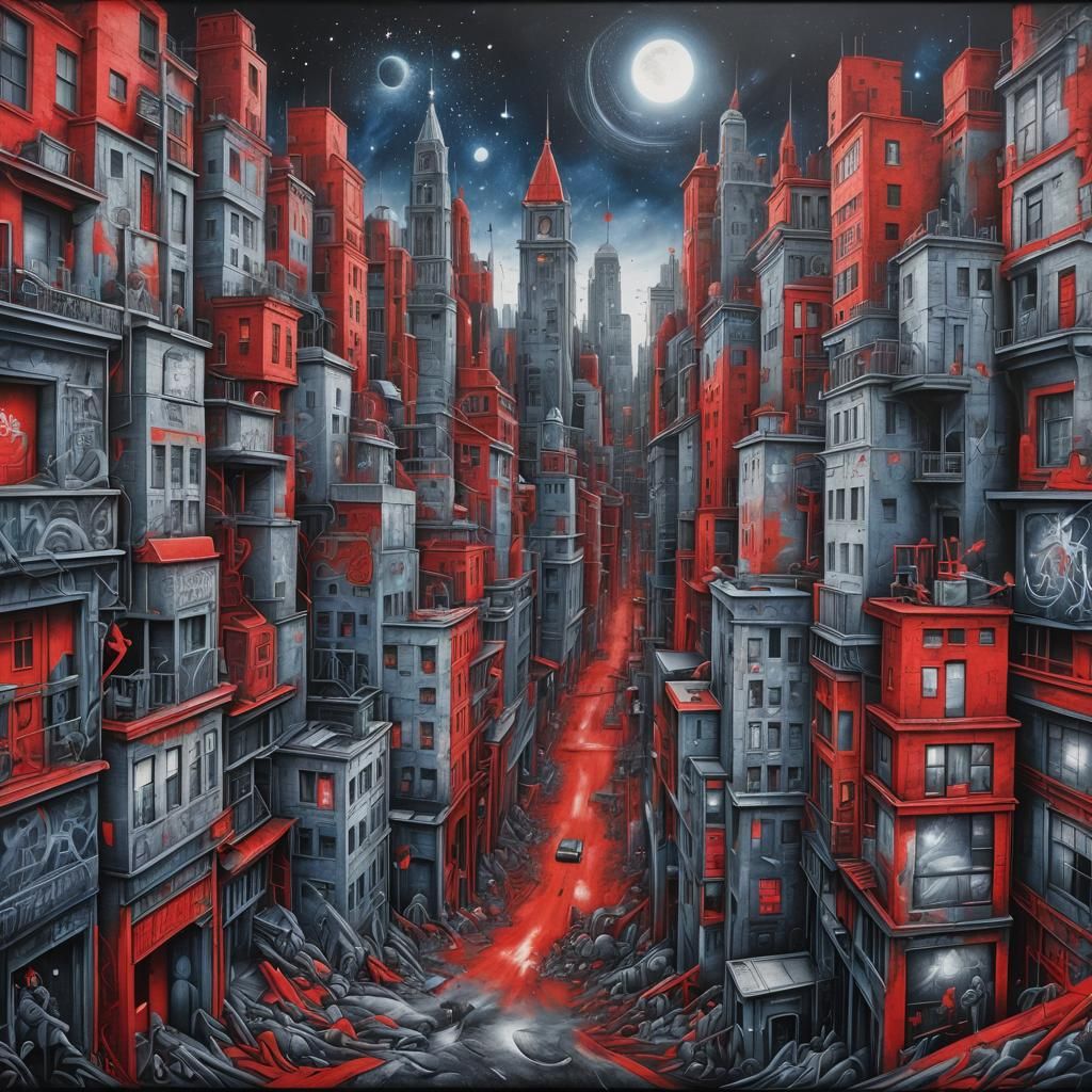 Ethereal Graffiti: City Mural with Celestial Themes