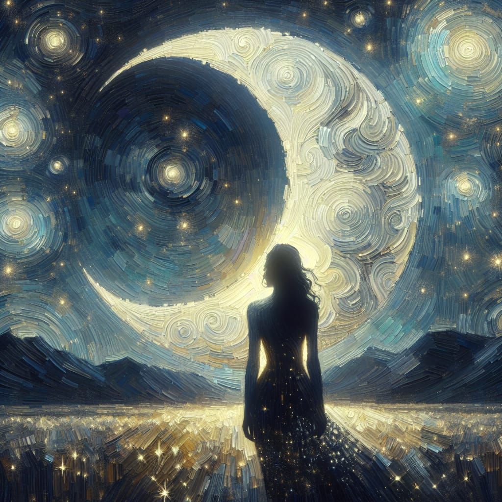 Silhouette Under Moonlit Sky in Impressionist Style