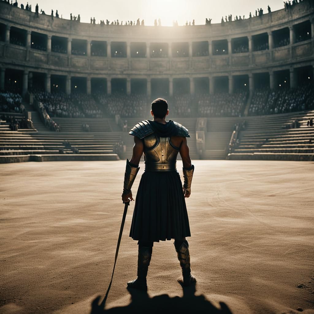 Victorious Gladiator in Ancient Arena: Cinematic Film Still