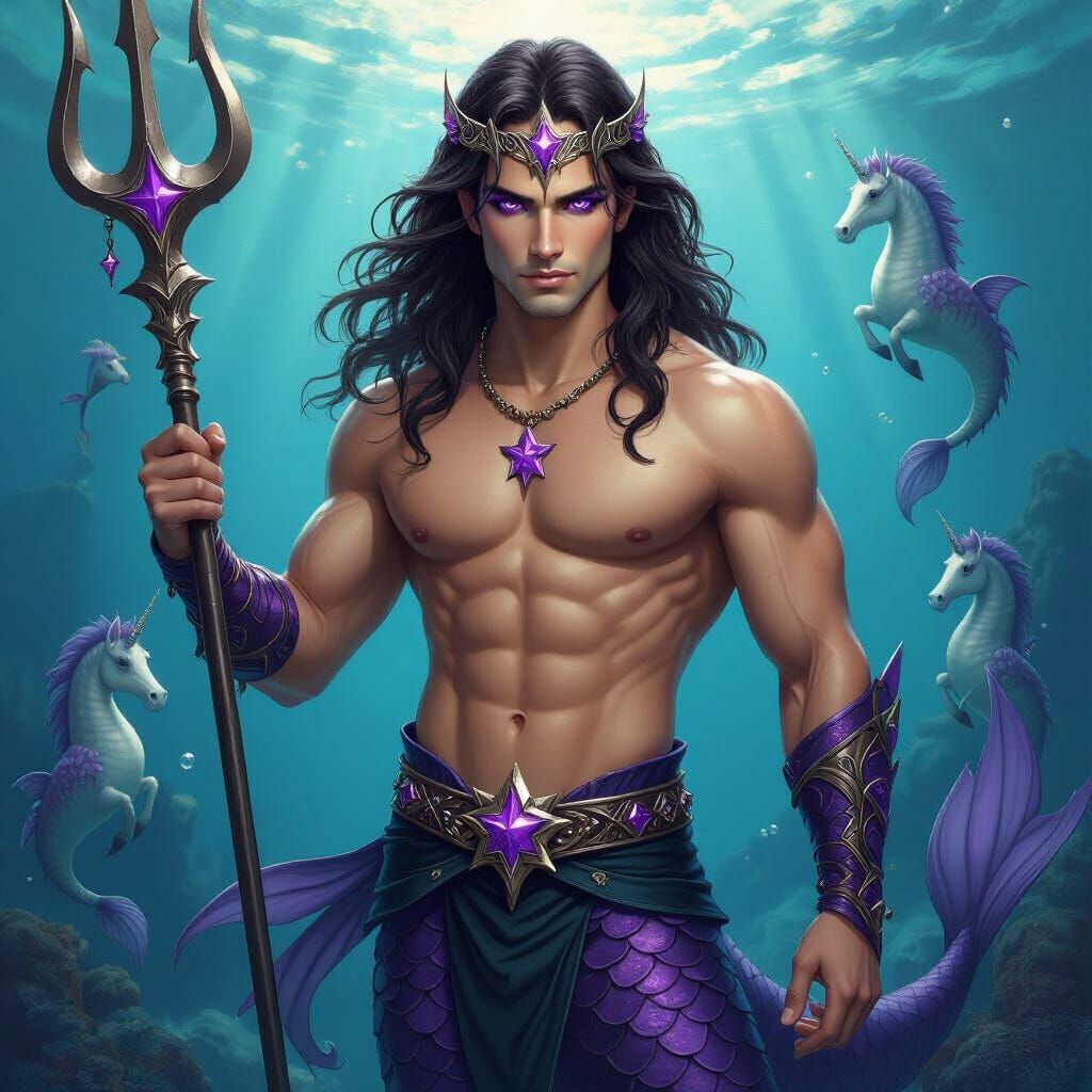 Handsome Merman With Amethyst Tail in Mystical Underwater Re...