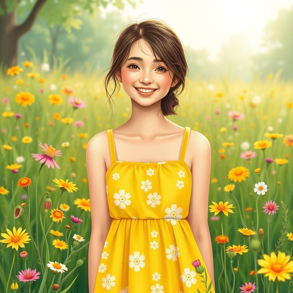 Whimsical Young Woman in a Bright Yellow Sundress