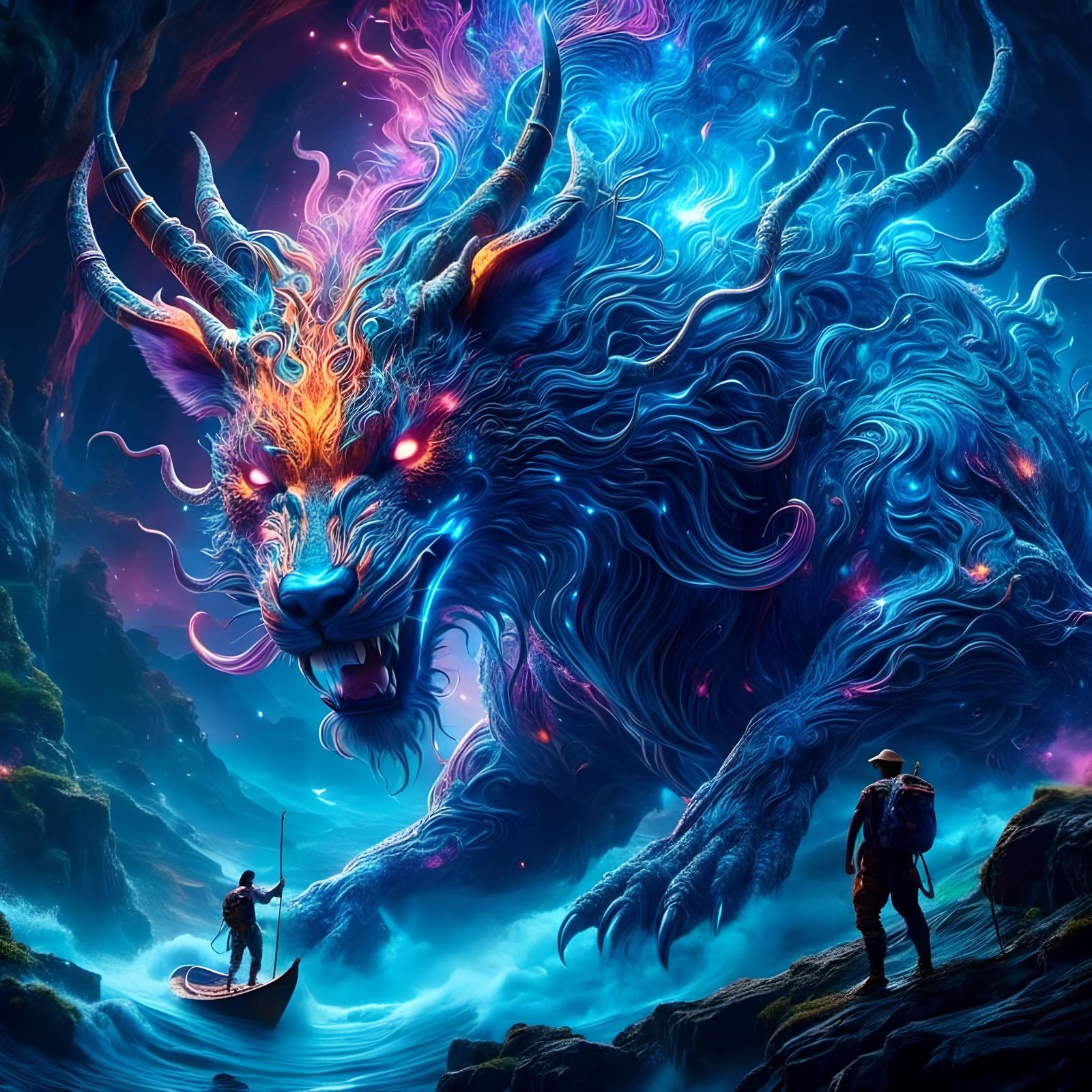 Magical Beast in Bioluminescent Underworld Landscape