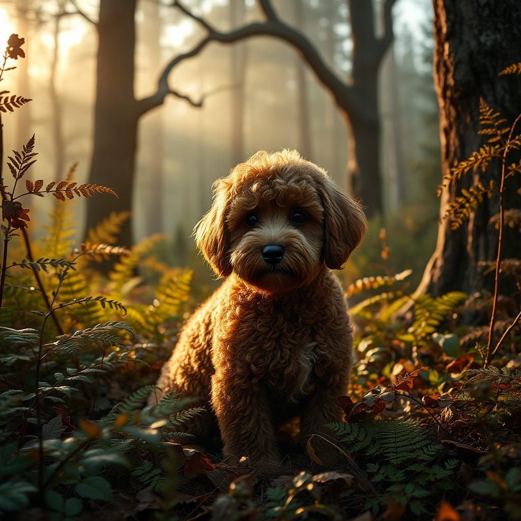 Cockapoo in Forest, Hyperrealistic Photography