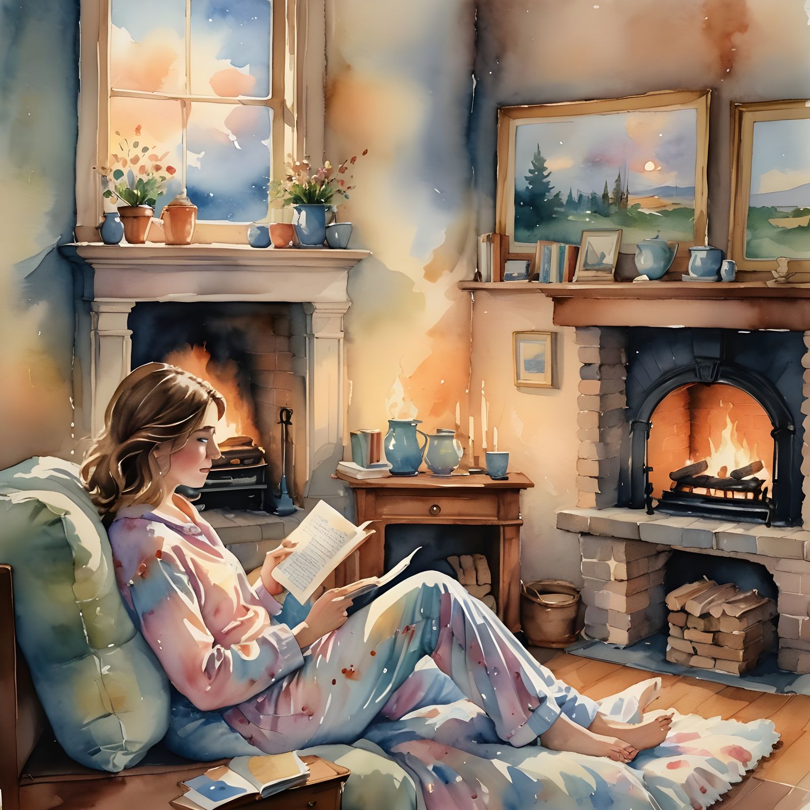 Cozy Reading Scene by the Fireplace