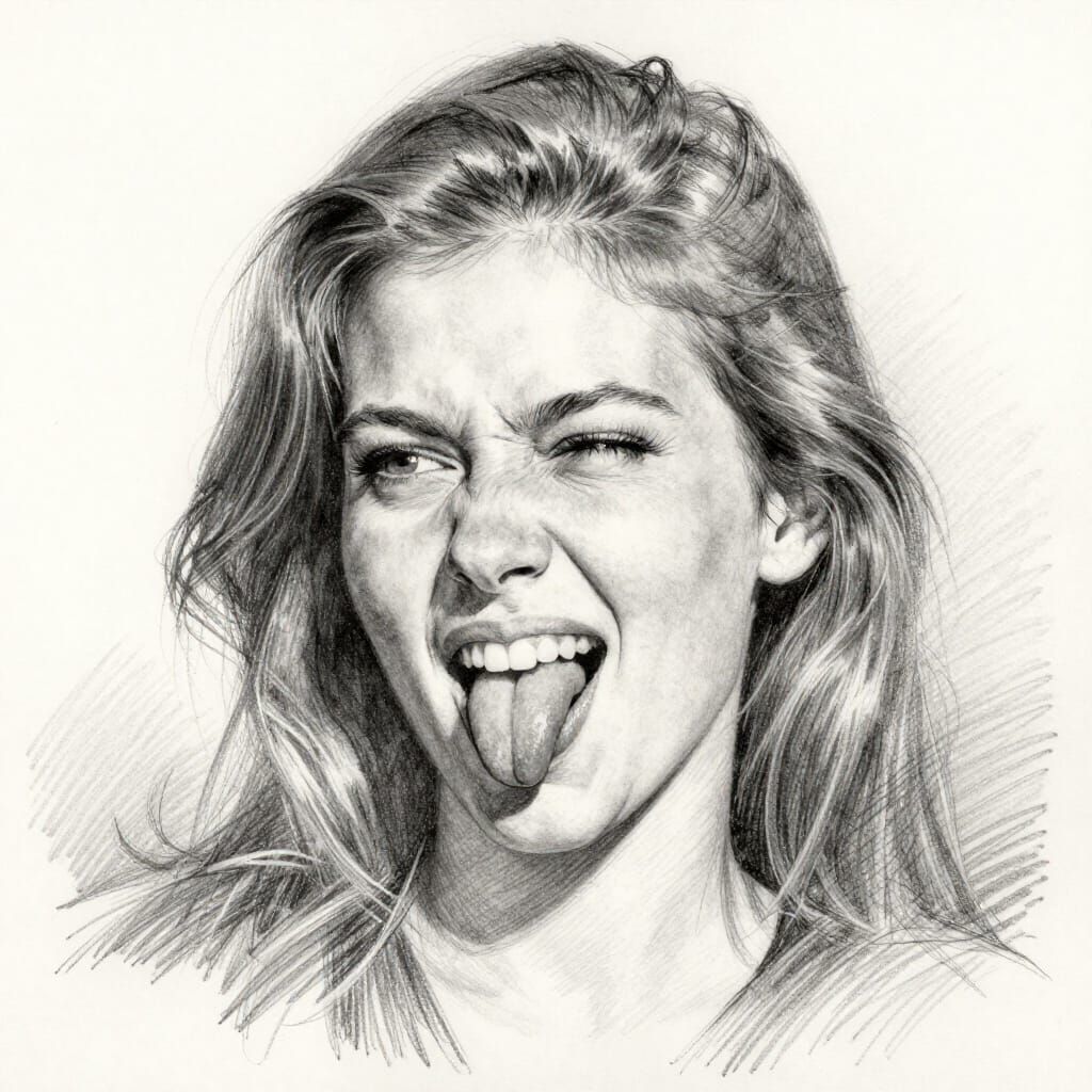 Mischievous Woman Grimacing with Tongue Out in Pencil Drawin...