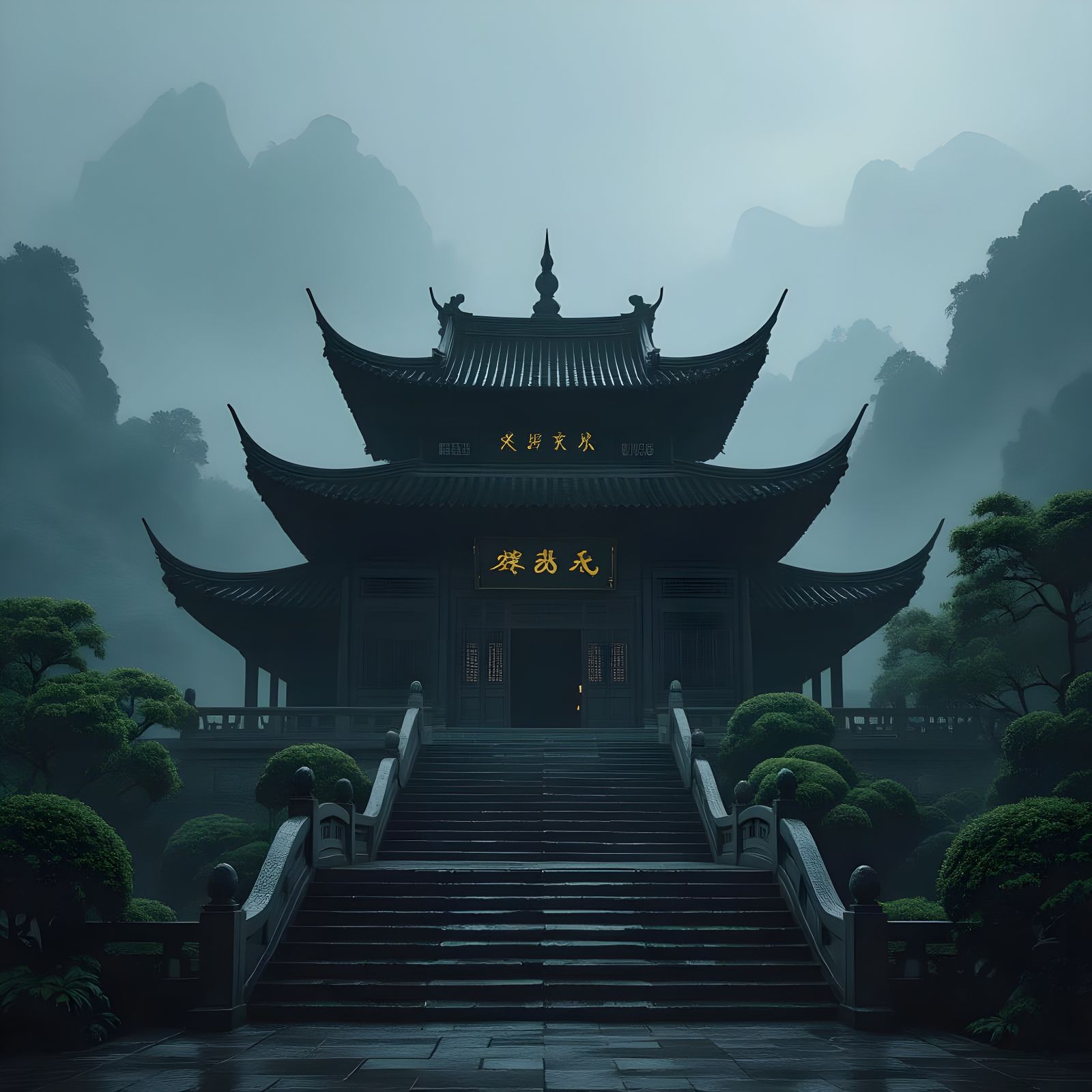 Majestic Ancient East Asian Temple in Mist