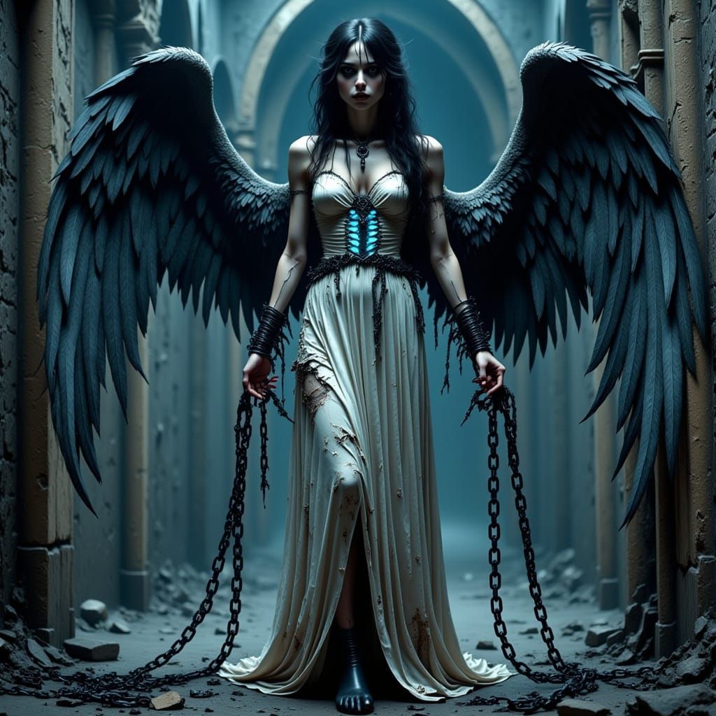 Majestic Fallen Angel Breaks Chains in Dark, Magical Portrai...