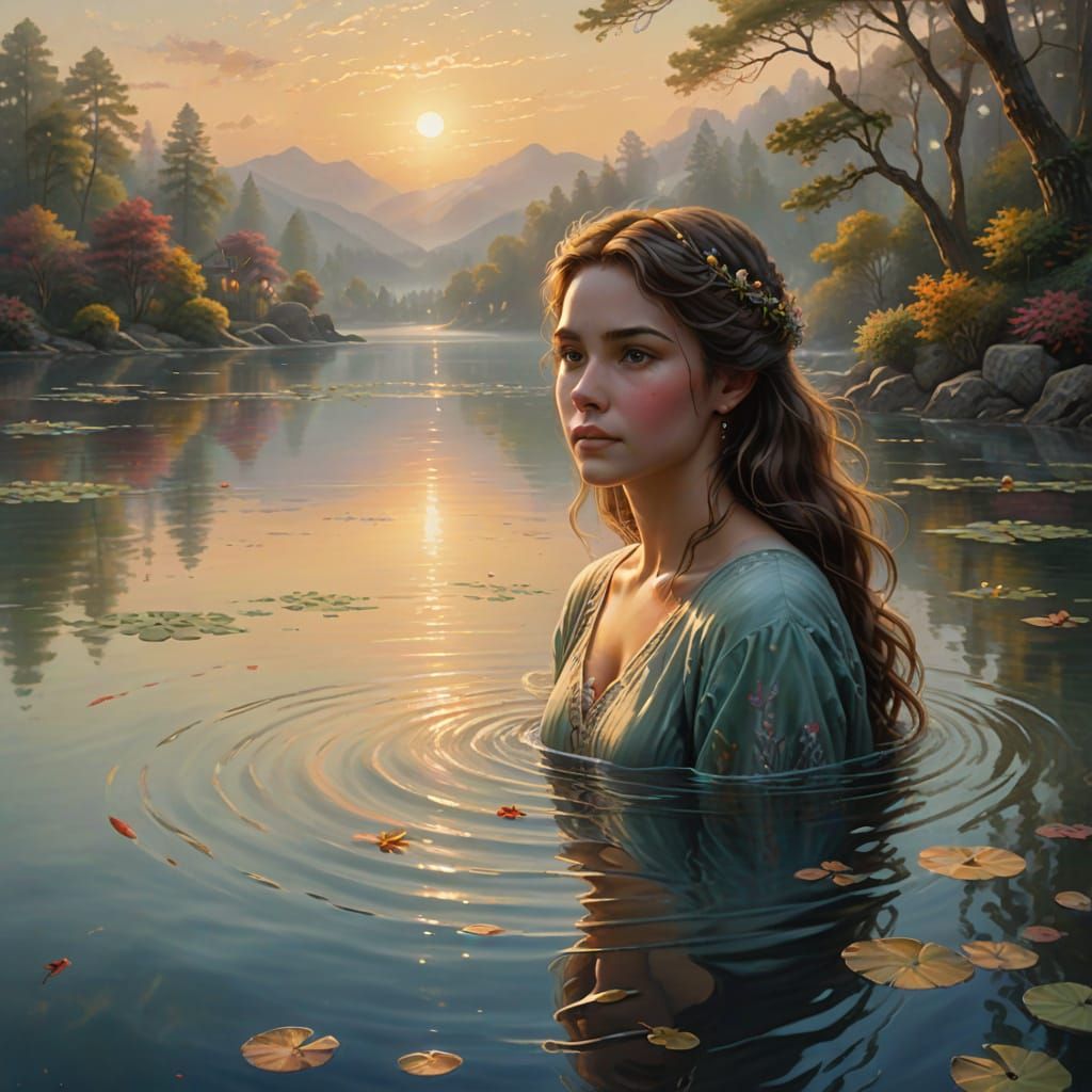 Subtle Face in Lagoon Ripples, Dreamy Oil Painting