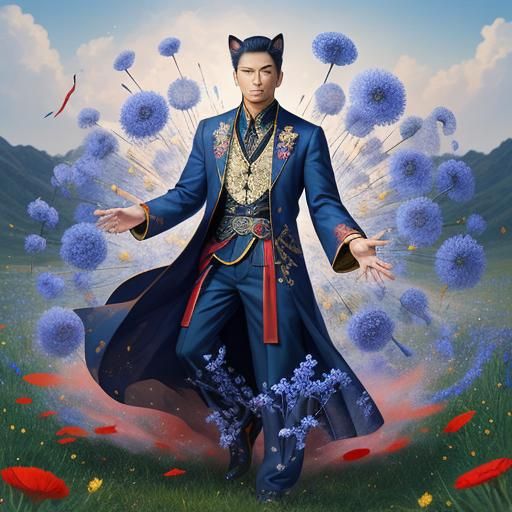 Dreamy Asian Fox Man with Floral Elements