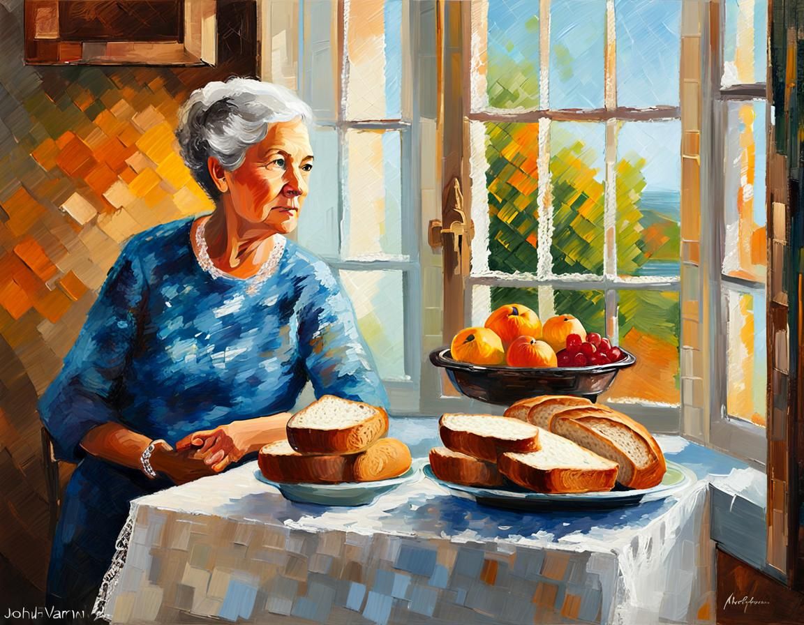 Grandmother Sets Dinner Table: Impasto Acrylic Painting