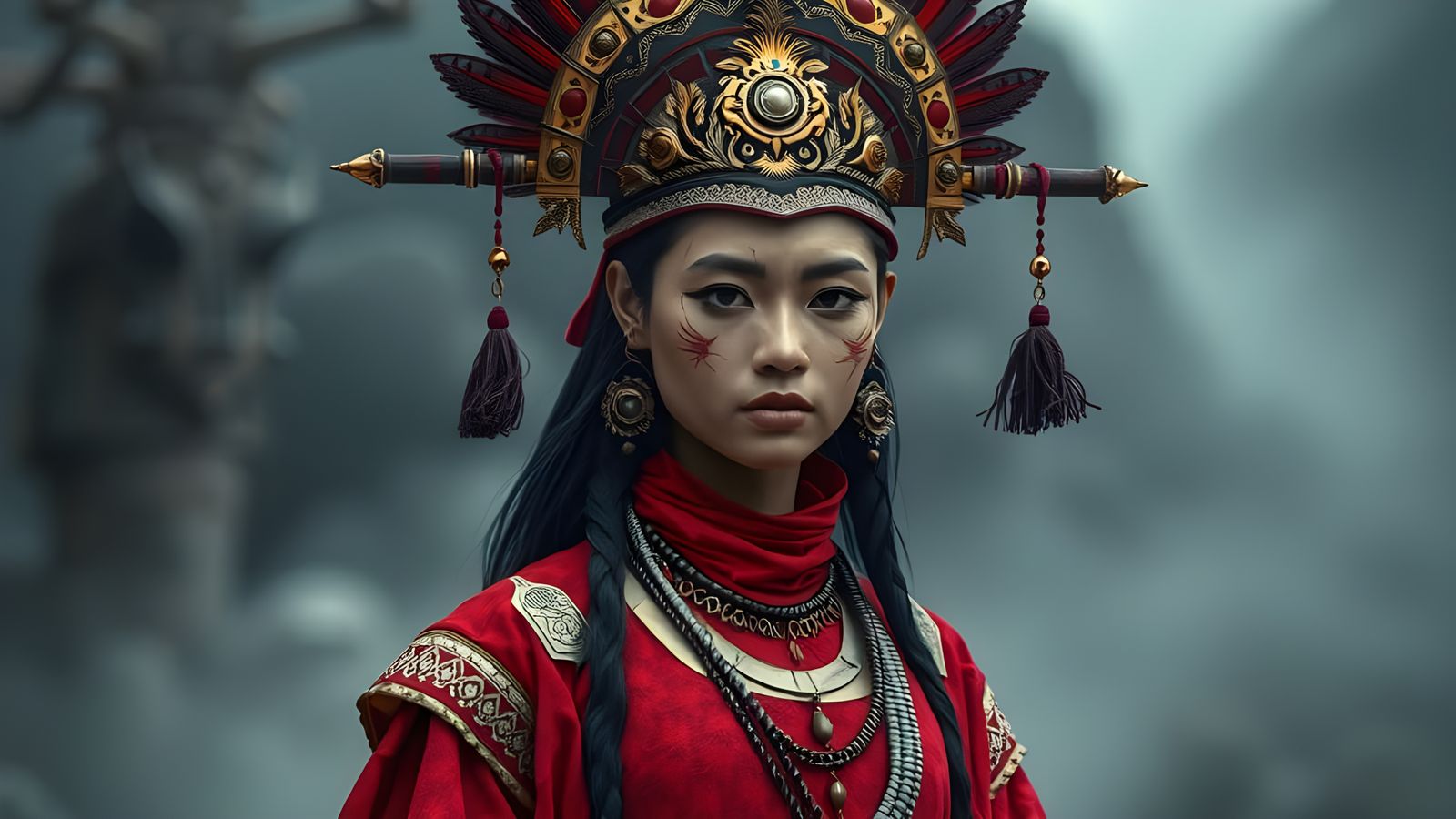 Regal Warrior in Crimson Traditional Garb Standing in Ethere...