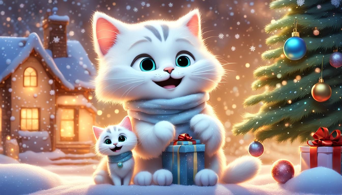 wearing a little white cloak, looking at mother cat and baby...