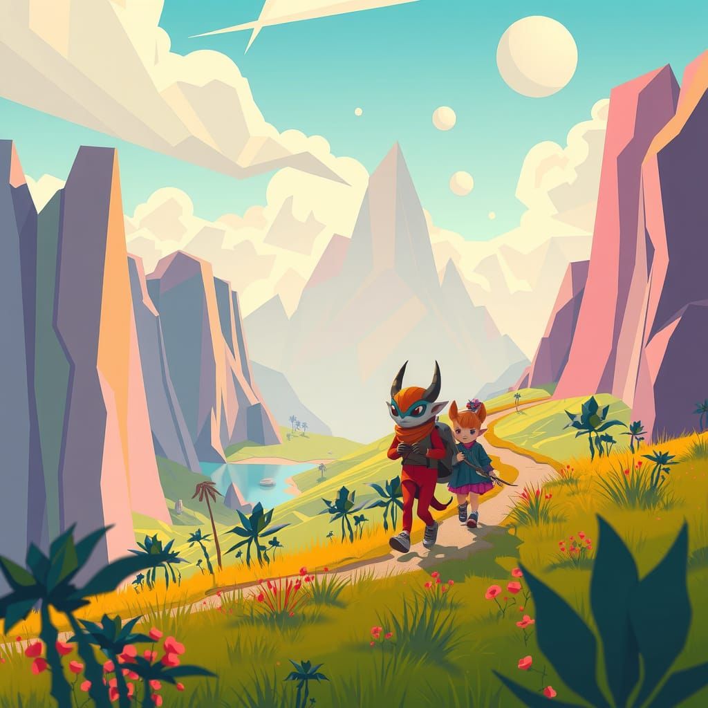 The adventures of sneesh and co fantasycore low poly landscape cubist pointillism neo-primitivism