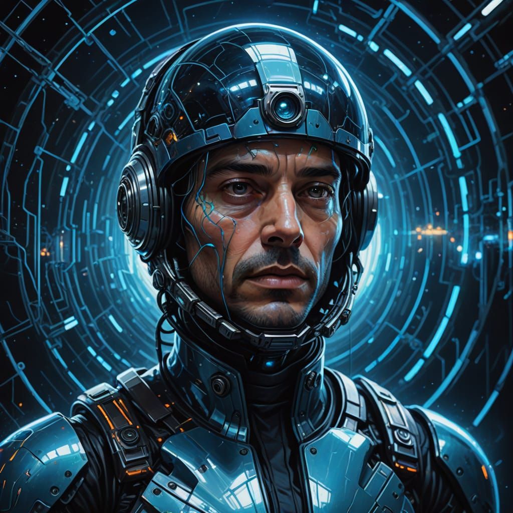 Space Operative Interacting with Hologram: Surrealist Oil Pa...