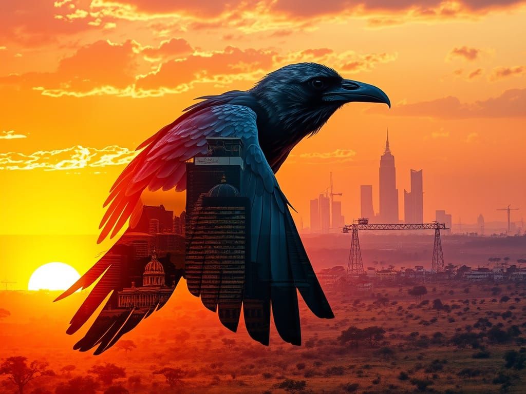 Grayhaired Raven in Vibrant Savannah Sunset