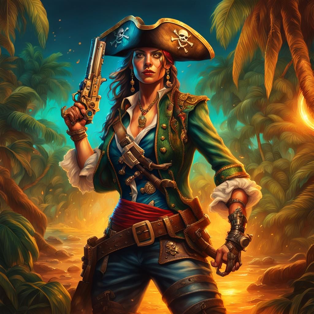 Fierce Pirate Queen in Lavish Lair, Hyperrealistic Art