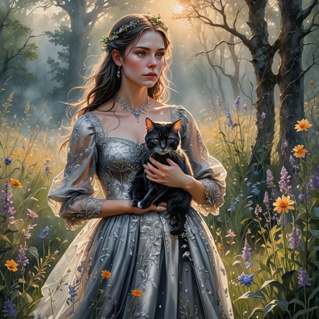 Enchanted Meadow: Young Witch and Cat Familiar