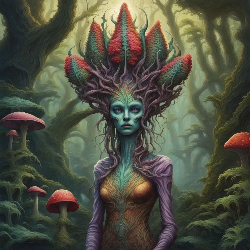 Alien Plant Queen in Surreal Forest